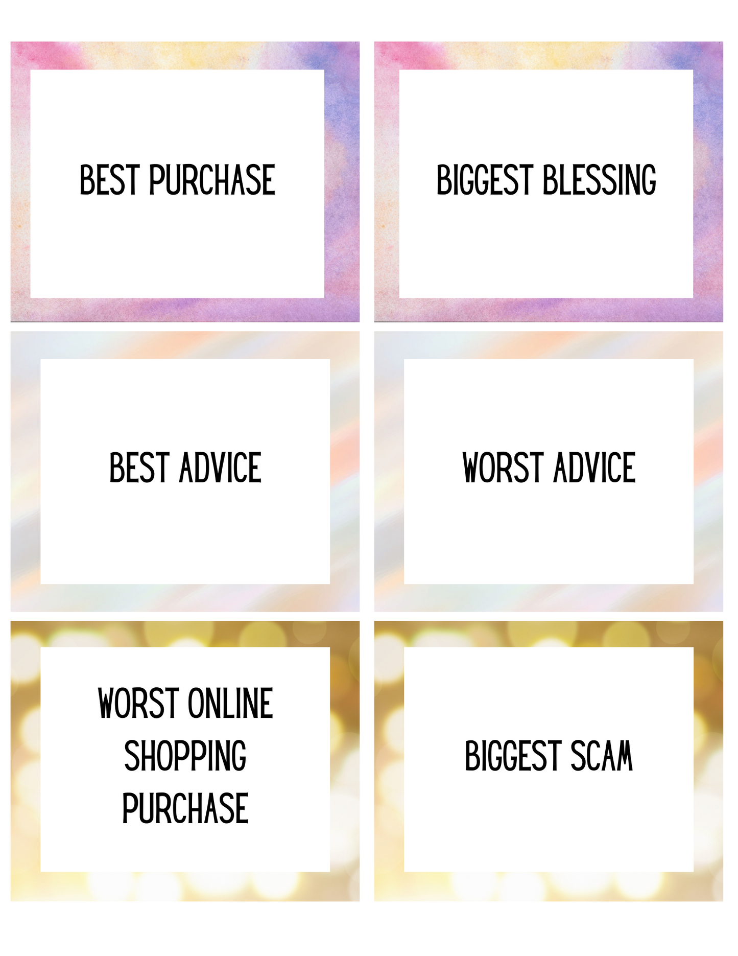 Discover the Best and Worst of the Year Card Game by Wondermom Shop, featuring six boxes labeled: Best Purchase, Biggest Blessing, Best Advice, Worst Advice, Worst Online Shopping Purchase, and Biggest Scam. Turn these categories into engaging New Year's conversations.