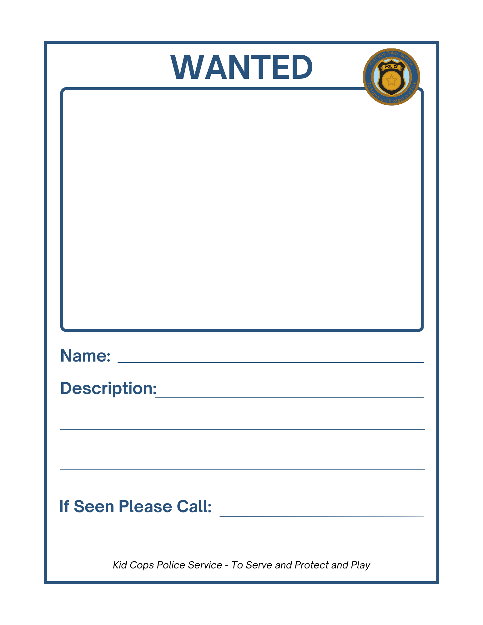 This "Police Station Pretend Play" template from Wondermom Shop includes spaces for a photo, name, description, and contact information. It features the "Kid Cops Police Service" logo and police badges, making it ideal for enhancing your pretend play police station experience.