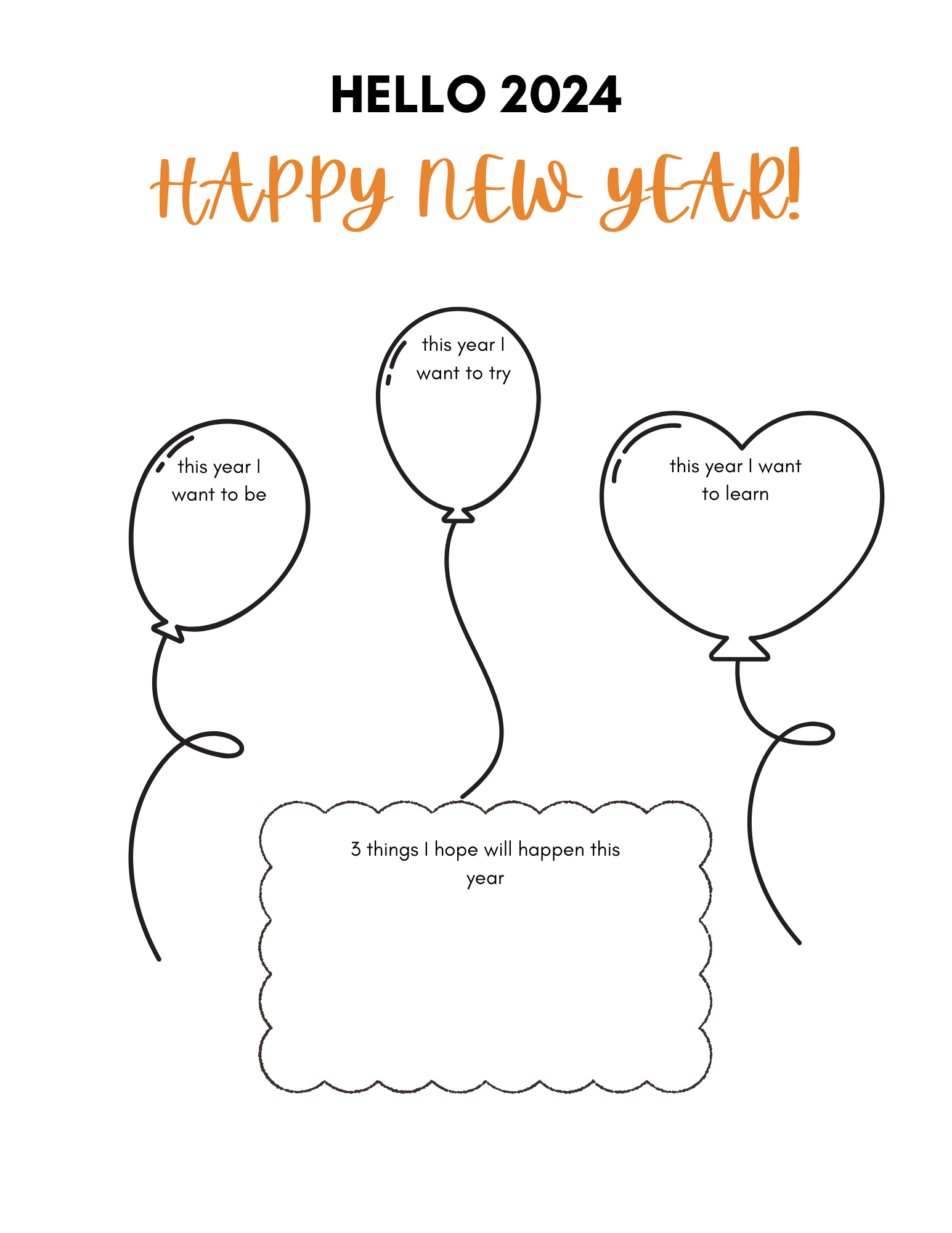 The "Hello 2024" worksheet by Wondermom Shop includes activity pages with three balloons for kids to jot down their goals and a cloud for three hopes, making it perfect for the Kid’s New Year’s Eve Pack.