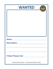 Load image into Gallery viewer, This &quot;Police Station Pretend Play&quot; template from Wondermom Shop includes spaces for a photo, name, description, and contact information. It features the &quot;Kid Cops Police Service&quot; logo and police badges, making it ideal for enhancing your pretend play police station experience.
