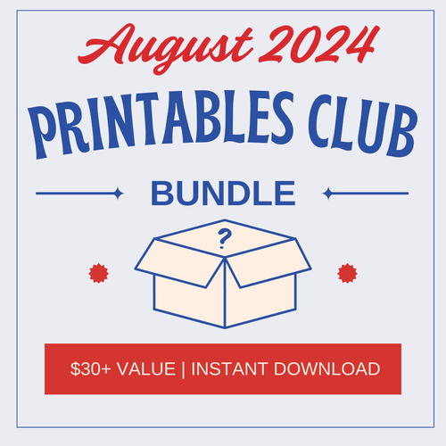 A graphic for Wondermom Shop’s August 2024 Printables Club Bundle shows a box and highlights August and back-to-school printables. Text states: 