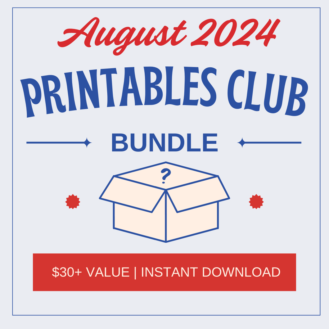 A graphic for Wondermom Shop’s August 2024 Printables Club Bundle shows a box and highlights August and back-to-school printables. Text states: 