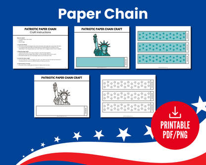 Stars, Stripes & Scissors: 4th of July Crafts for Kids by Wondermom Shop offers printable patriotic paper chain templates with Statue of Liberty and star designs—ideal for Independence Day decorations and fun family craft projects.