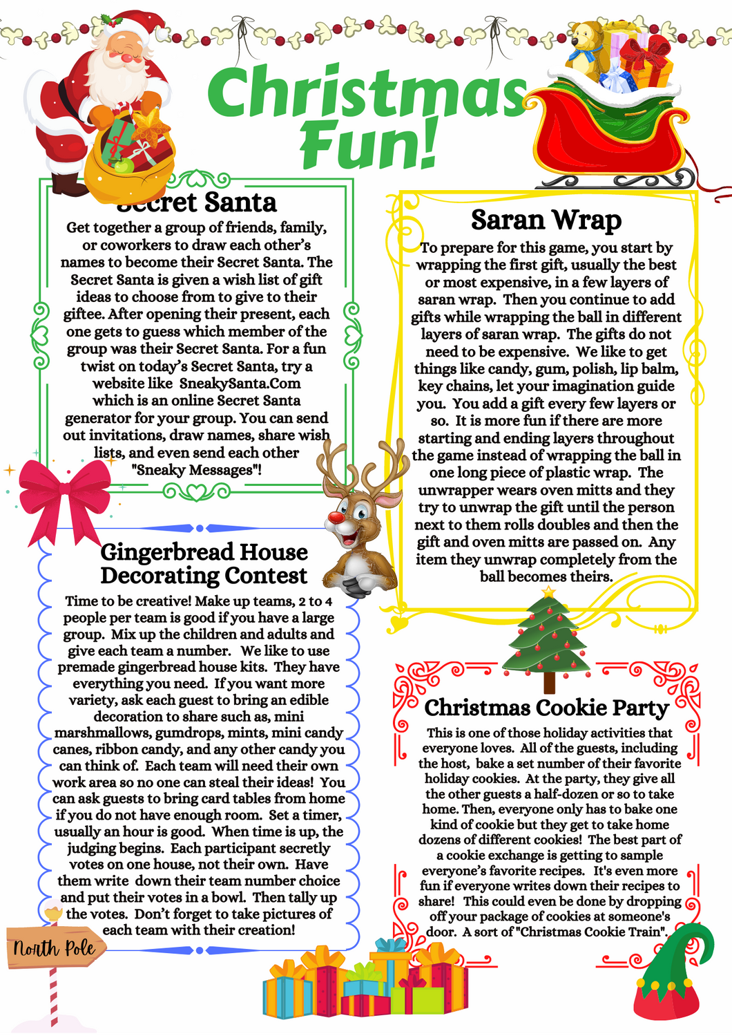 A Christmas newsletter with family-friendly activities and printable Wondermom Shop Christmas Fun pages featuring pictures of Santa Claus.