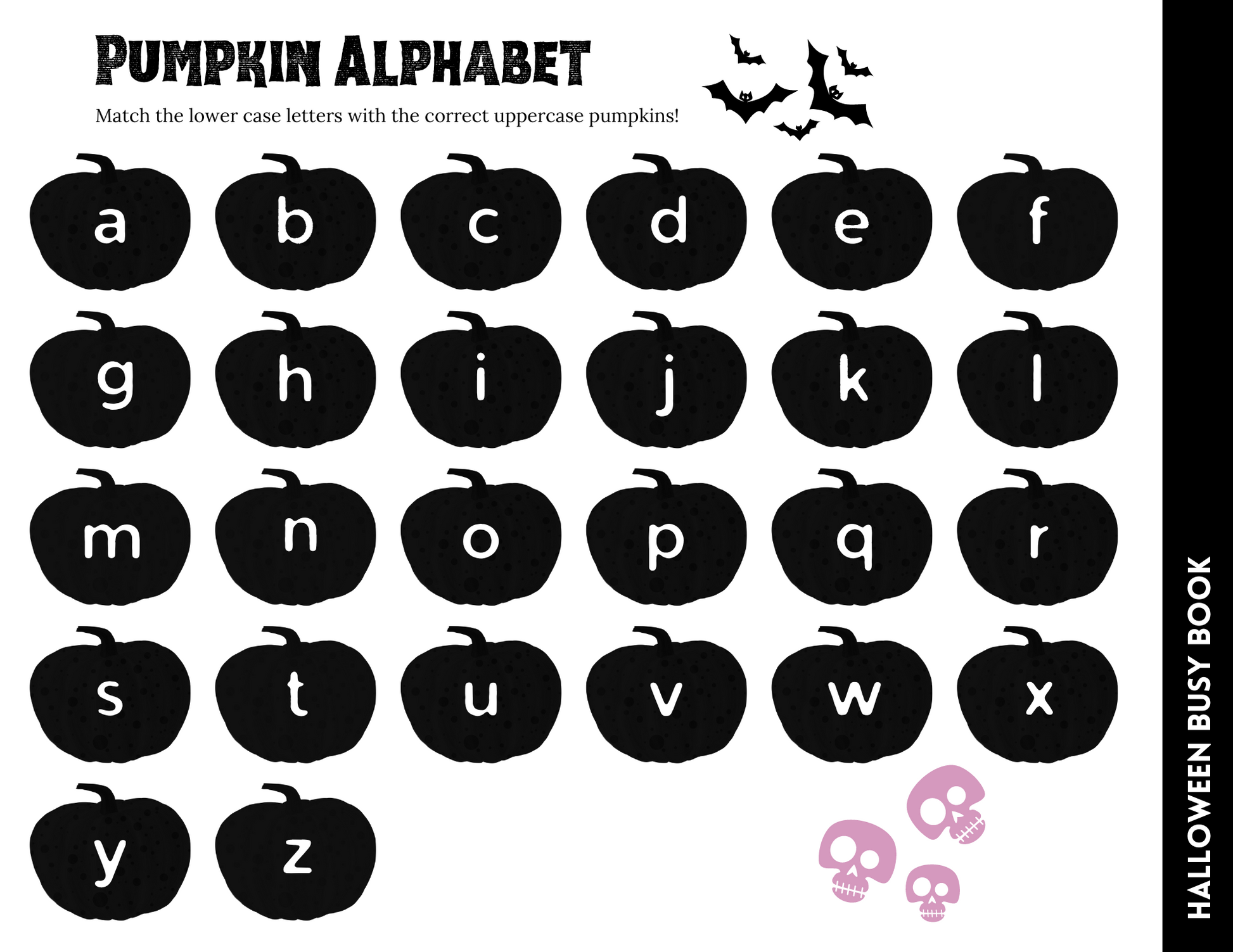 The Halloween Busy Book for Kids by Wondermom Shop includes an engaging alphabet matching game with lowercase letters on circle icons and uppercase letters on pumpkin shapes. This Halloween-themed activity, adorned with bats and skulls, promotes learning through play.