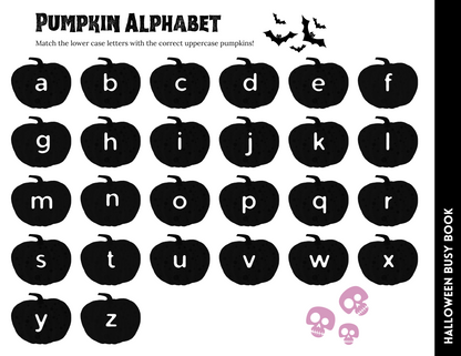 The Halloween Busy Book for Kids by Wondermom Shop includes an engaging alphabet matching game with lowercase letters on circle icons and uppercase letters on pumpkin shapes. This Halloween-themed activity, adorned with bats and skulls, promotes learning through play.