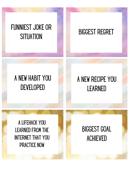 Wondermom Shop's Best and Worst of the Year Card Game features a grid of six cards with prompts like Funniest Joke or Situation and Biggest Regret. Perfect for New Year's, the game sparks meaningful conversations about new habits, lifehacks, recipes, and major achievements.