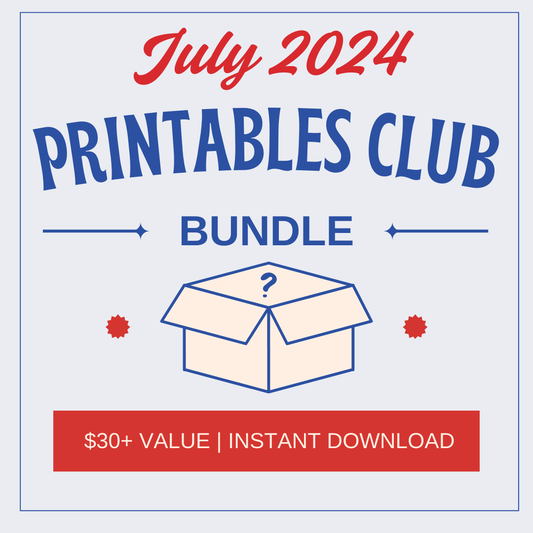 Graphic featuring the July 2024 Printables Club Bundle by Wondermom Shop with a box illustration and text: "$30+ value | instant download." Includes summer kids’ activities and printables for hours of fun!.