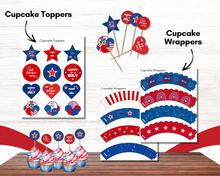 Load image into Gallery viewer, The Printable 4th of July Party Pack from Wondermom Shop includes red, white, and blue cupcake toppers and wrappers with stars, stripes, and patriotic slogans—ideal printable party decor for your Independence Day celebration. Shown on decorated cupcakes.
