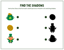 Load image into Gallery viewer, Explore the St. Patrick’s Day Activity Pages from Wondermom Shop, a printable matching game with images like a pot of coins, shamrock coin, and leprechaun—each with its shadow. Ideal for educational purposes, it includes downloadable activity pages with line-drawing instructions!.
