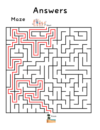 A square maze with a red solution path guides kids from "Start" to "Finish"—a fun, screen-free page from the Printable Summer Activity Book by Wondermom Shop. Download instantly for summer learning!.