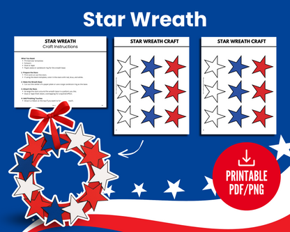 Image featuring printable instructions and templates for Stars, Stripes & Scissors: 4th of July Crafts for Kids by Wondermom Shop—a festive red, white, and blue star wreath project—with example wreath and PDF/PNG printable label.