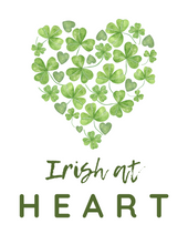 Load image into Gallery viewer, The Wondermom Shop&#39;s St. Patrick’s Day Printable Decor features a heart-shaped collage of green shamrocks with &quot;Irish at Heart&quot; text, perfect for adding an emerald touch to your celebration.
