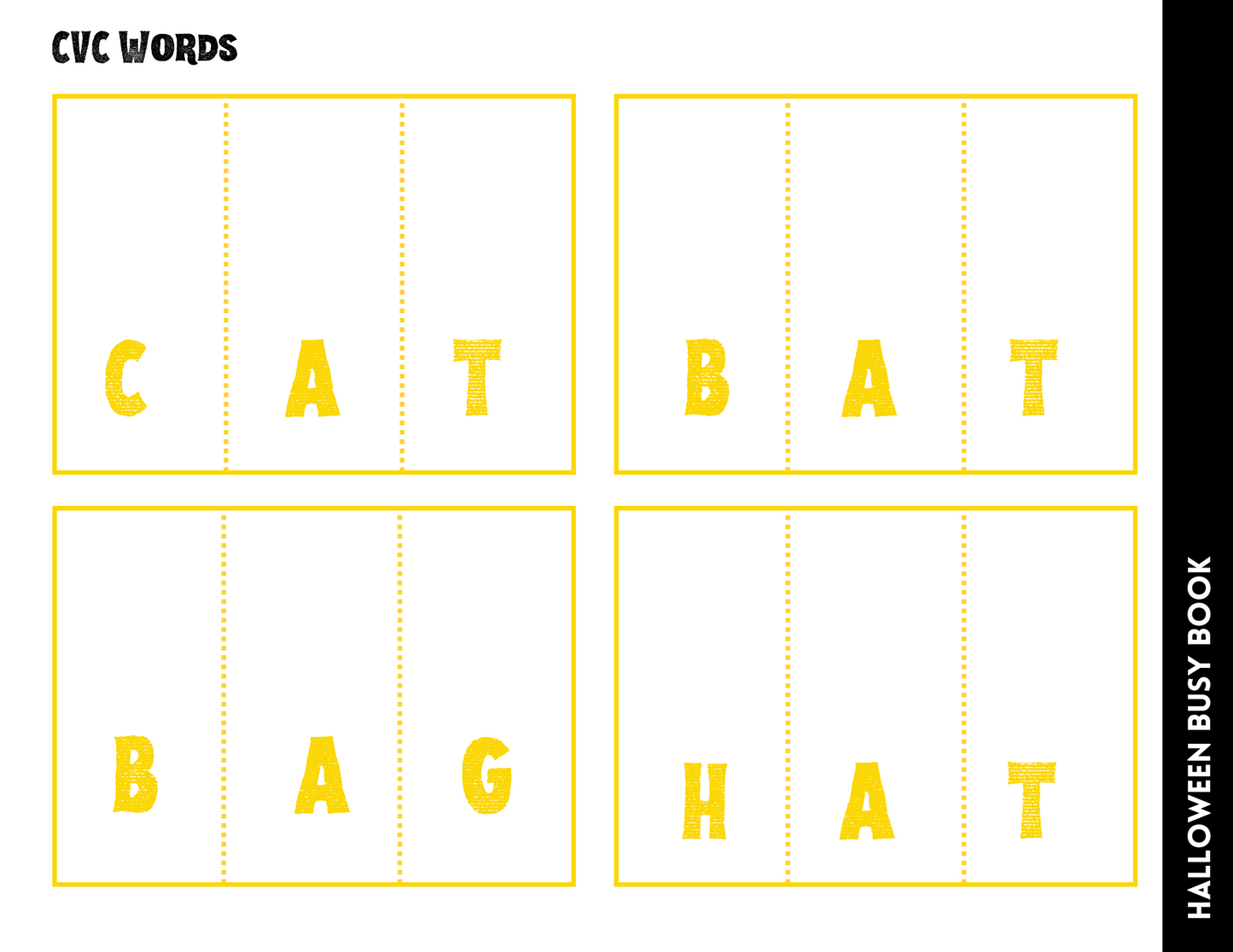 The "Halloween Busy Book for Kids" by Wondermom Shop comprises four engaging cards featuring yellow CVC words such as CAT, BAT, BAG, and HAT. This Halloween-themed activity set is perfect for learning through play, providing both educational value and entertainment.