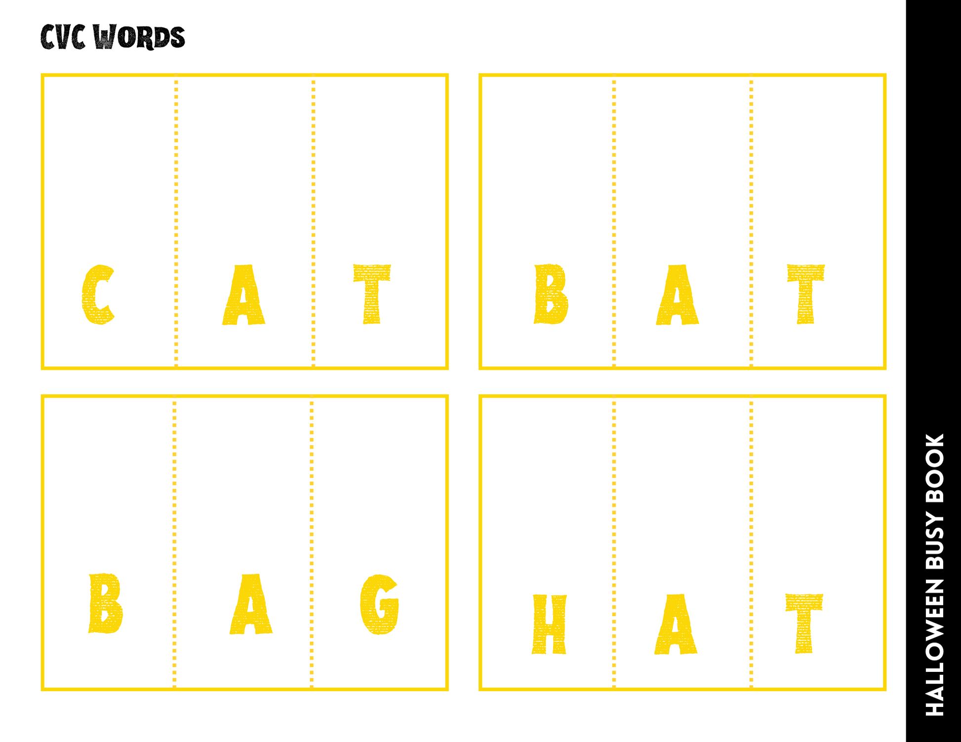 The "Halloween Busy Book for Kids" by Wondermom Shop comprises four engaging cards featuring yellow CVC words such as CAT, BAT, BAG, and HAT. This Halloween-themed activity set is perfect for learning through play, providing both educational value and entertainment.