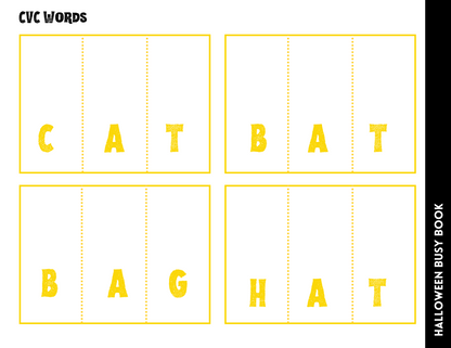 The "Halloween Busy Book for Kids" by Wondermom Shop comprises four engaging cards featuring yellow CVC words such as CAT, BAT, BAG, and HAT. This Halloween-themed activity set is perfect for learning through play, providing both educational value and entertainment.