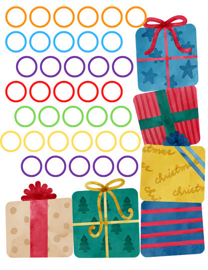 A set of Christmas Roll and Color Dice Game gift boxes with festive ribbons on them from Wondermom Shop.