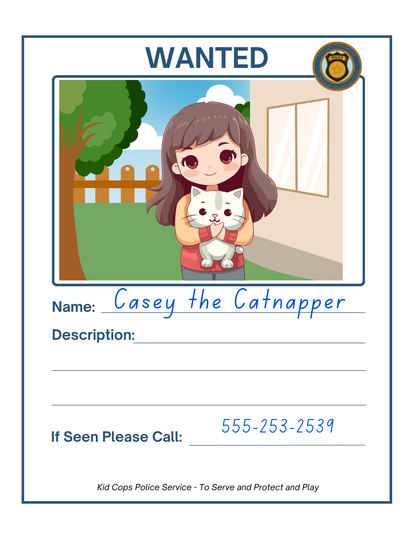 A wanted poster features a cartoon girl holding a cat, labeled "Casey the Catnapper," standing in front of the Police Station Pretend Play backdrop by Wondermom Shop. The scene is complete with police badges and traffic tickets scattered around. For sightings or information, please contact the number provided.