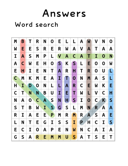 A colorful word search puzzle featuring BEACH, VACATION, CASINO, HOTEL, POOLS, and SUMMER—instantly downloadable from Wondermom Shop’s Printable Summer Activity Book for a fun screen-free activity!.