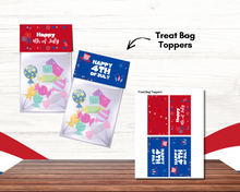 Load image into Gallery viewer, The Wondermom Shop Printable 4th of July Party Pack features treat bags with candies, patriotic toppers, and a &quot;Treat Bag Toppers&quot; label—perfect decor for your Independence Day celebration.
