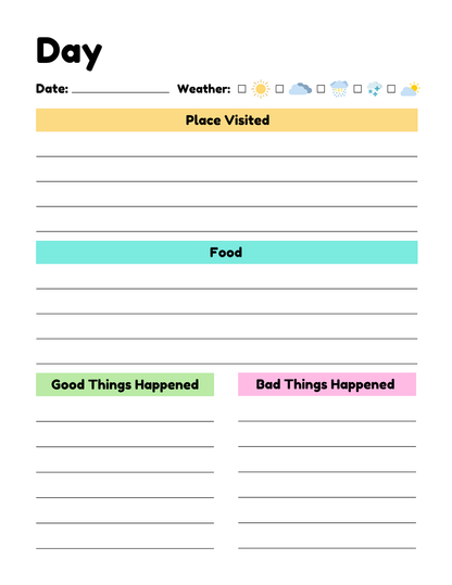 The Wondermom Shop Travel Journal for Kids – Fun, Easy & Memorable Vacation Keepsake! is a printable PDF with sections for date, weather, places visited, food, and memories—perfect for children to record vacation highlights.