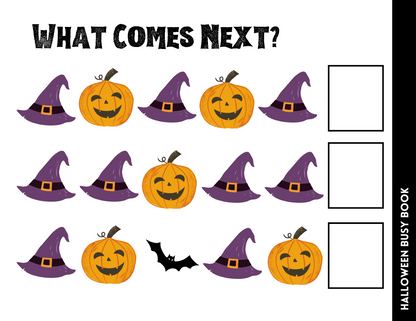 This Halloween Busy Book for Kids from Wondermom Shop features a pattern sequence puzzle that includes witch hats, pumpkins, and a bat. Three empty boxes are ready to be filled with the next image in the sequence, turning learning into a festive adventure!