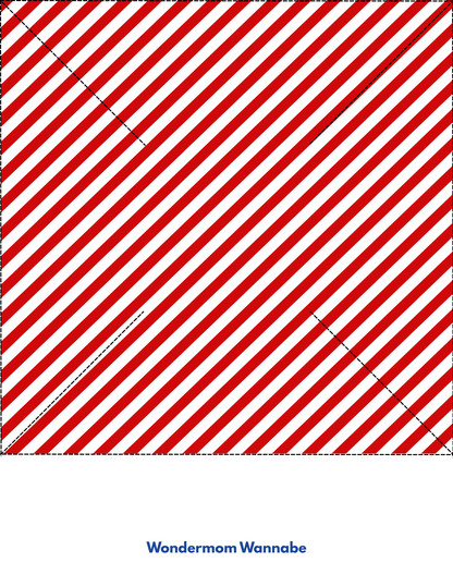 A square with red and white diagonal stripes, dashed black X outline, ideal for the Easy 4th of July Pinwheel Craft for Kids by Wondermom Shop, with "Wondermom Wannabe" centered below.