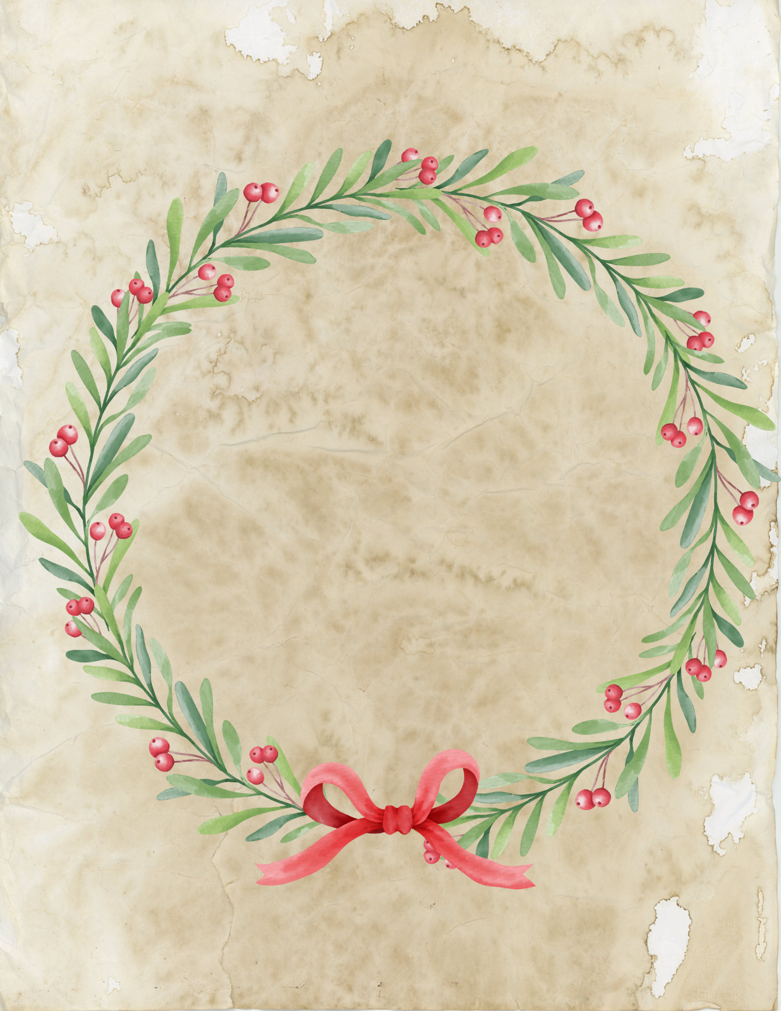 A festive Christmas Wall Art wreath with red berries, exuding holiday cheer, on an old paper by Wondermom Shop.