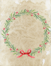 Load image into Gallery viewer, A festive Christmas Wall Art wreath with red berries, exuding holiday cheer, on an old paper by Wondermom Shop.
