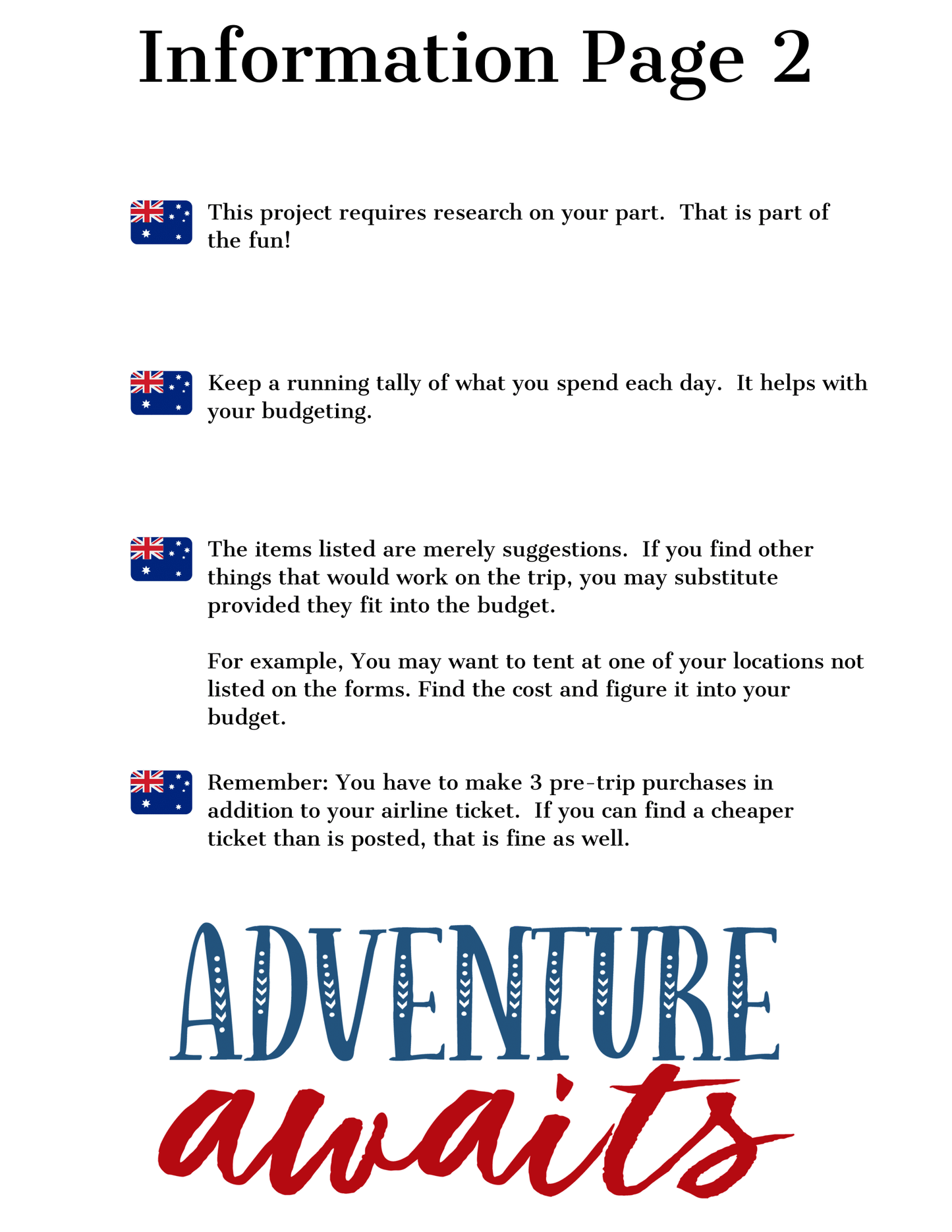 Information page titled "Information Page 2" featuring guidelines for budgeting, destination research, and purchase requirements for the "Adventures in Australia Activity Pack" by Wondermom Shop, ending with the phrase "Adventure awaits" at the bottom.