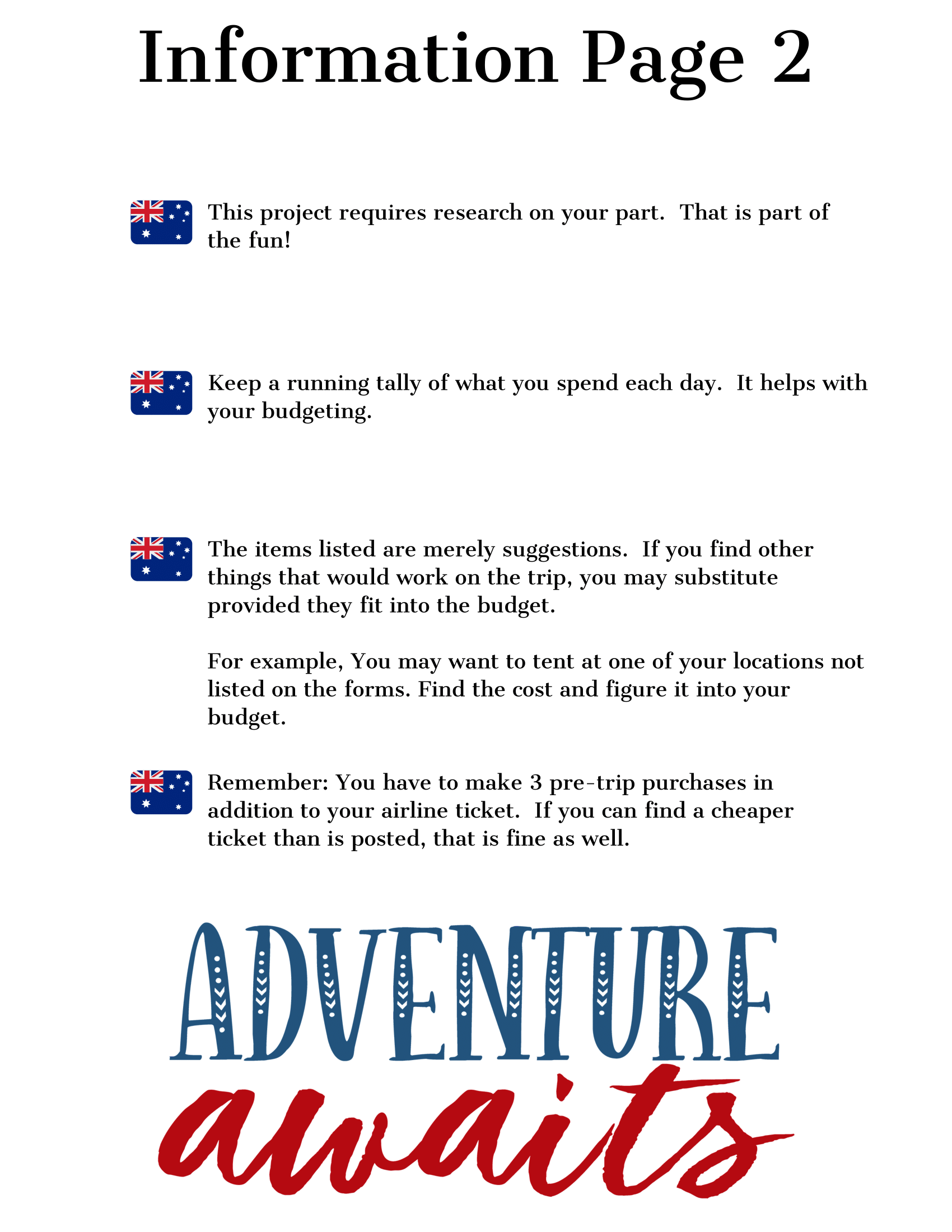 Information page titled "Information Page 2" featuring guidelines for budgeting, destination research, and purchase requirements for the "Adventures in Australia Activity Pack" by Wondermom Shop, ending with the phrase "Adventure awaits" at the bottom.