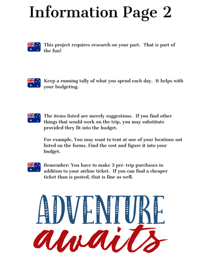 Information page titled "Information Page 2" featuring guidelines for budgeting, destination research, and purchase requirements for the "Adventures in Australia Activity Pack" by Wondermom Shop, ending with the phrase "Adventure awaits" at the bottom.