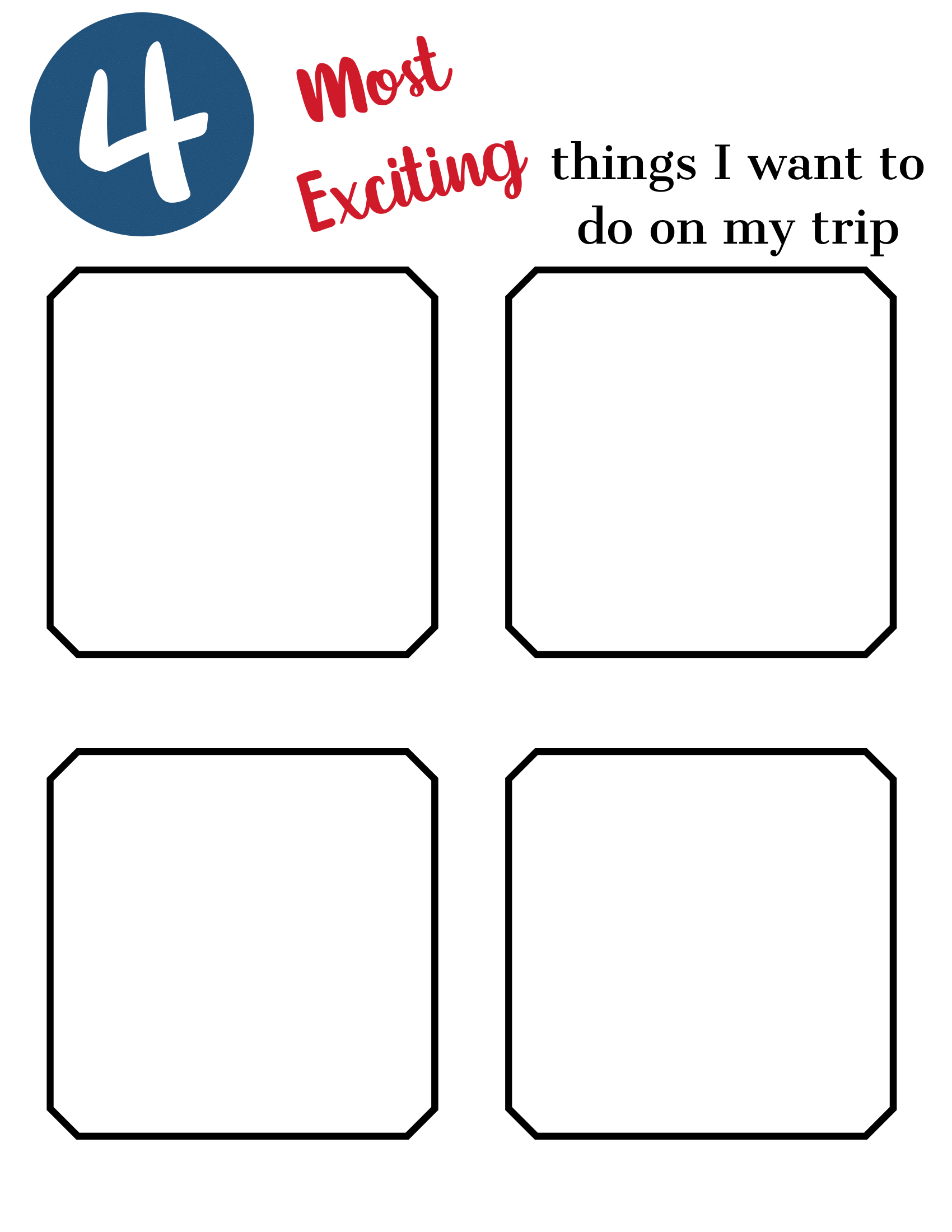 A list template titled "4 Most Exciting Things I Want to Do on My Trip" featuring four blank, bordered squares for filling in activities. Perfect for organizing your adventures with the Adventures in Australia Activity Pack from Wondermom Shop!