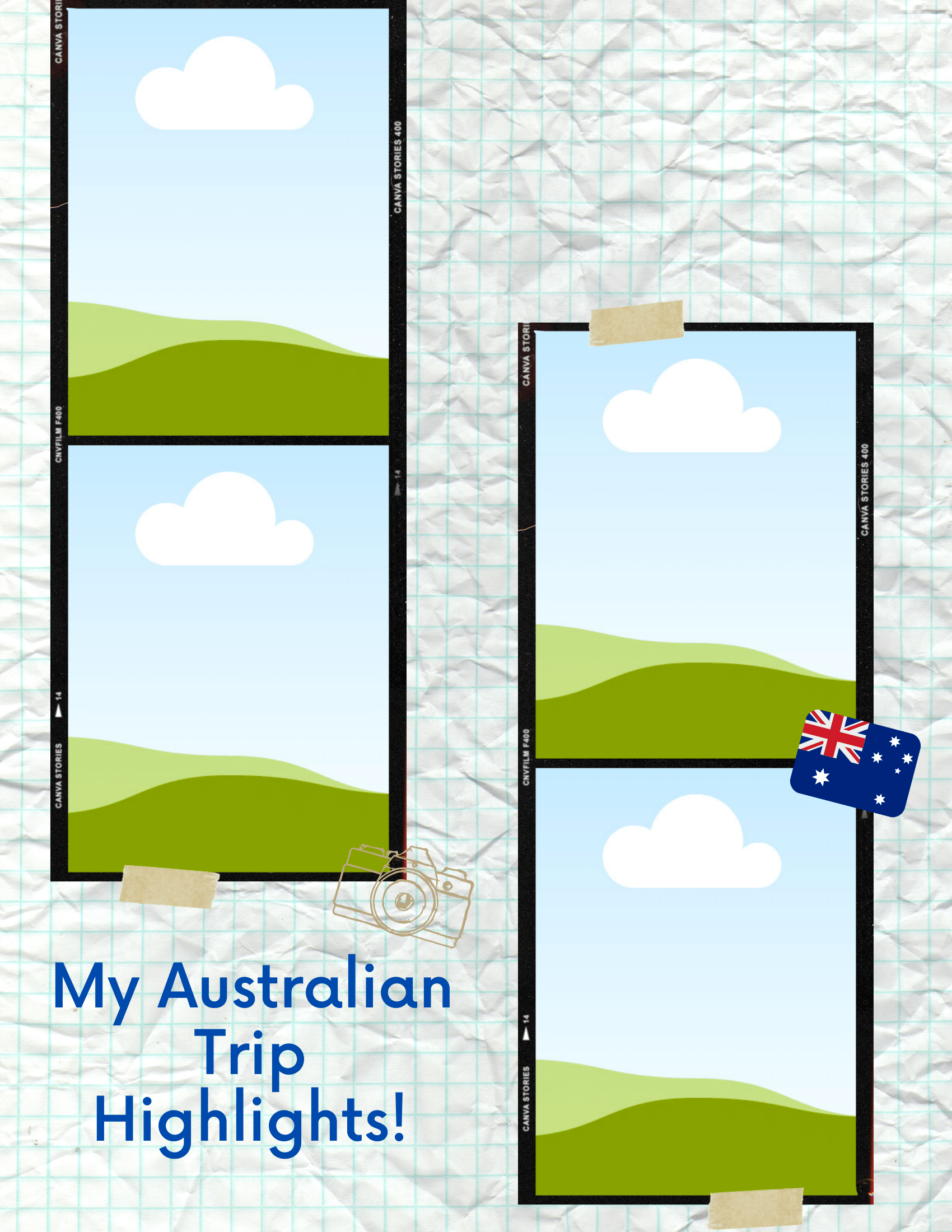A scrapbook page from Wondermom Shop’s "Adventures in Australia Activity Pack," featuring four empty photo frames, an Australian flag sticker, a camera icon, and the text "My Adventures in Australia Activity Pack!" displayed on a grid-patterned paper background.