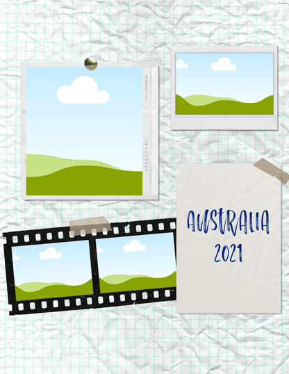 Start your Destination Research with the "Adventures in Australia Activity Pack" from Wondermom Shop—a collage featuring photos of green landscapes and blue skies, film strips, and a paper note reading "Australia 2021" on a gridded background.