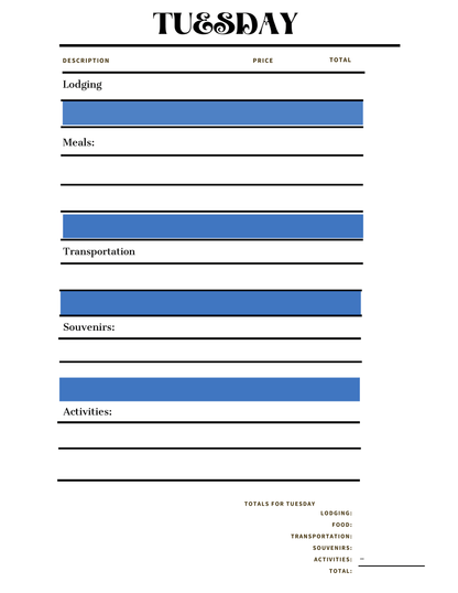 Discover the "Adventures in Australia Activity Pack" from Wondermom Shop, a comprehensive travel expense worksheet for Tuesday. It includes sections for lodging, meals, transportation, souvenirs, and activities—each with blank spaces for description, price, and total. This pack is perfect for those using a Budget Planner or interested in Destination Research to enhance their travel experiences.