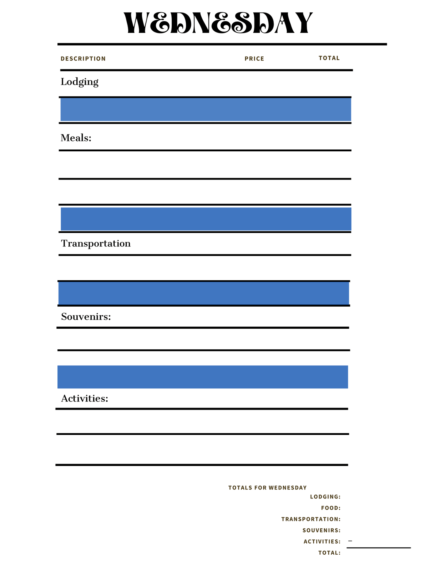 An "Adventures in Australia Activity Pack" from Wondermom Shop, featuring a travel expense form for Wednesday with sections for lodging, meals, transportation, souvenirs, and activities—each with empty fields for prices and totals. Ideal for those using a Budget Planner to manage costs efficiently.