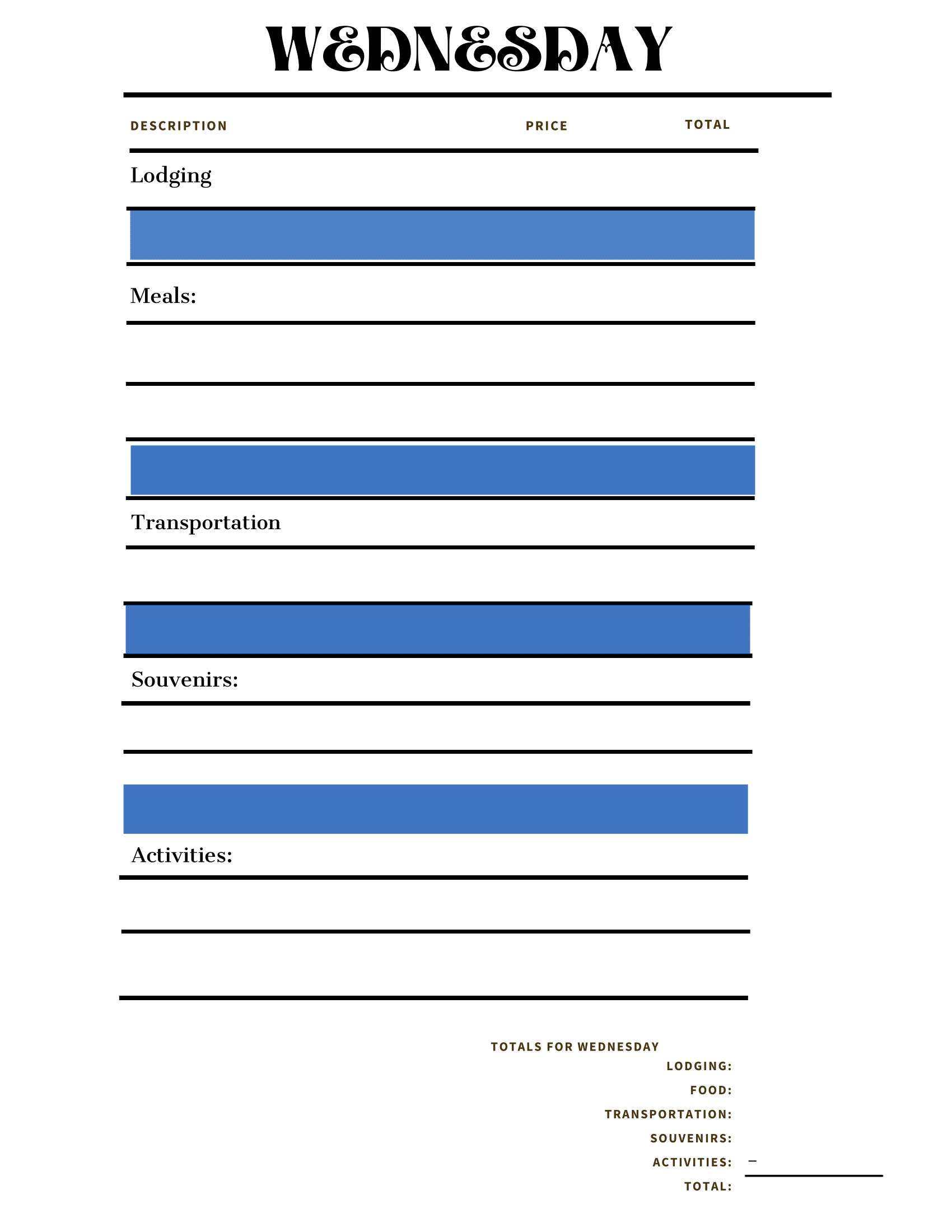 An "Adventures in Australia Activity Pack" from Wondermom Shop, featuring a travel expense form for Wednesday with sections for lodging, meals, transportation, souvenirs, and activities—each with empty fields for prices and totals. Ideal for those using a Budget Planner to manage costs efficiently.