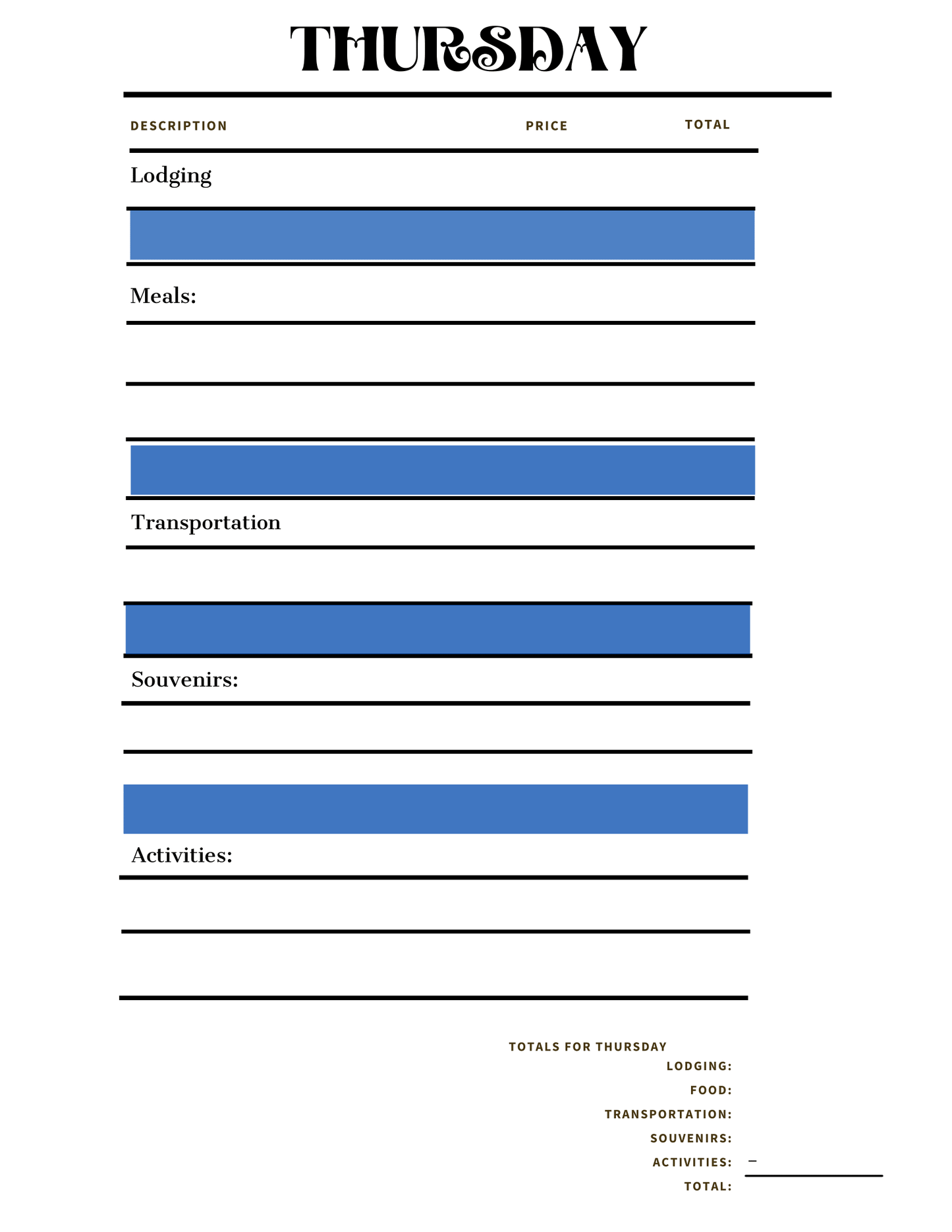 The "Thursday" expense tracking sheet from Wondermom Shop's Adventures in Australia Activity Pack features dedicated sections for Lodging, Meals, Transportation, Souvenirs, and Activities. Each section includes columns for description, price, and total, making it perfect for keeping track of every detail during your journey.

