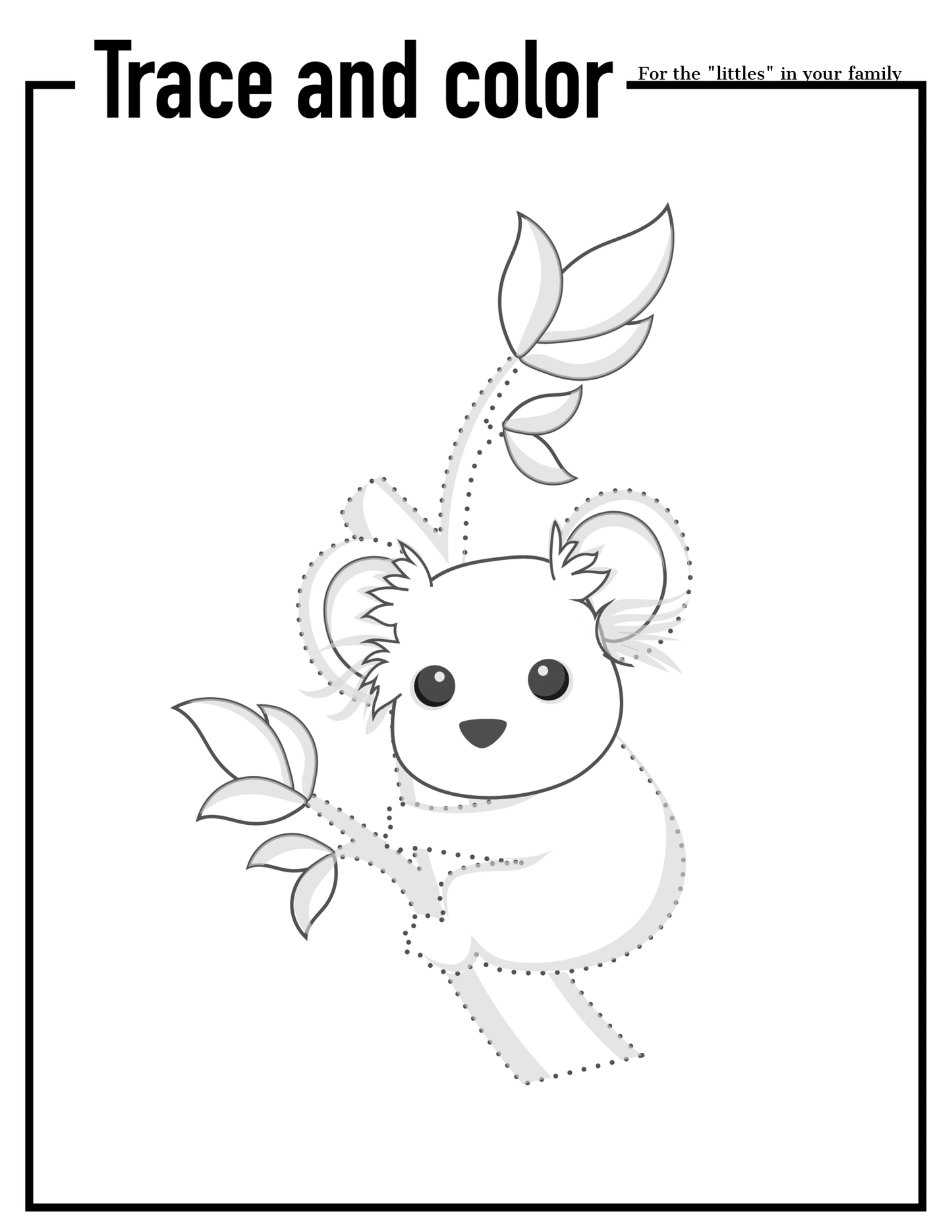 A black and white coloring page featuring a koala in a tree, included in the Wondermom Shop's "Adventures in Australia Activity Pack." The text at the top reads, "Trace and color" and "For the 'littles' in your family," with the koala designed with dotted lines for tracing.