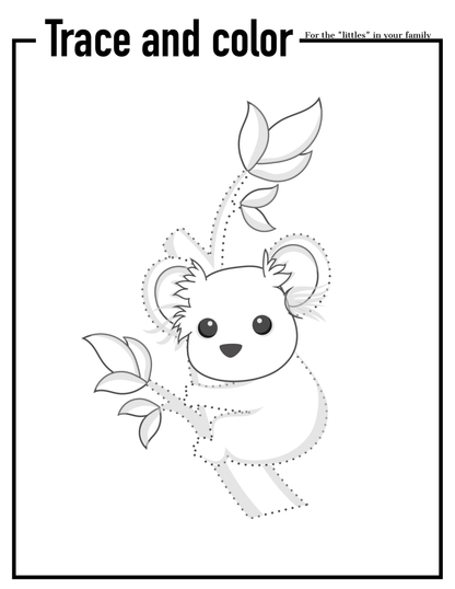 A black and white coloring page featuring a koala in a tree, included in the Wondermom Shop's "Adventures in Australia Activity Pack." The text at the top reads, "Trace and color" and "For the 'littles' in your family," with the koala designed with dotted lines for tracing.