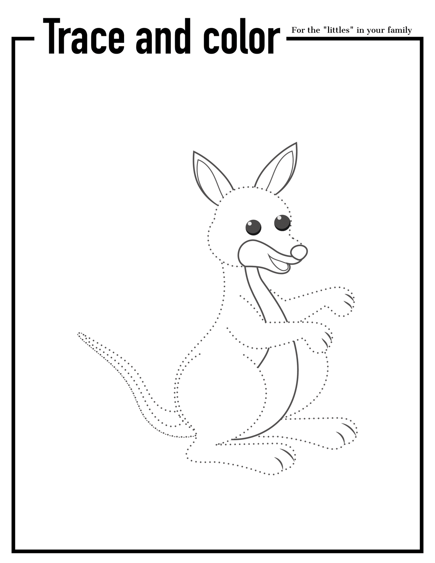 A dot-to-dot tracing and coloring image of a kangaroo, perfect for young children to complete as part of the Adventures in Australia Activity Pack by Wondermom Shop.