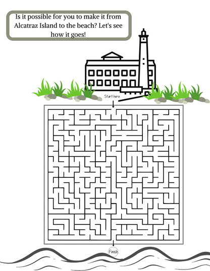Journey from Alcatraz Island to the beach with our Maze Puzzle, featured in the Alcatraz Travel Guide and Activity Kit for Kids by Wondermom Shop. Start at the top near the island illustration and make your way down to the waves indicating the shore. This engaging activity provides a fun way to explore Alcatraz Island history.