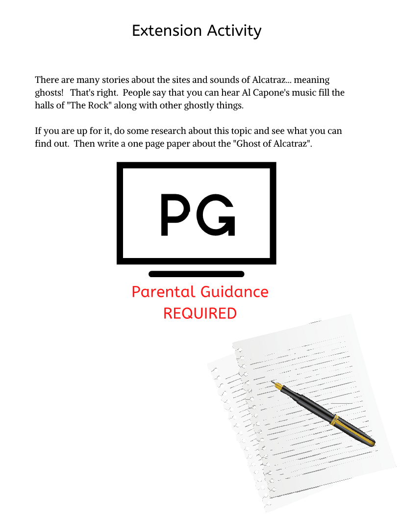 Explore our Alcatraz Travel Guide and Activity Kit for Kids, brought to you by Wondermom Shop! This extension activity page discusses the Ghost of Alcatraz with a "PG" rating graphic, indicating the need for parental guidance. It includes a suggestion to write a one-page paper on Alcatraz Island history and features an image of stacks of papers and a pen. For even more engaging activities, check out our comprehensive Alcatraz Activity Pack!