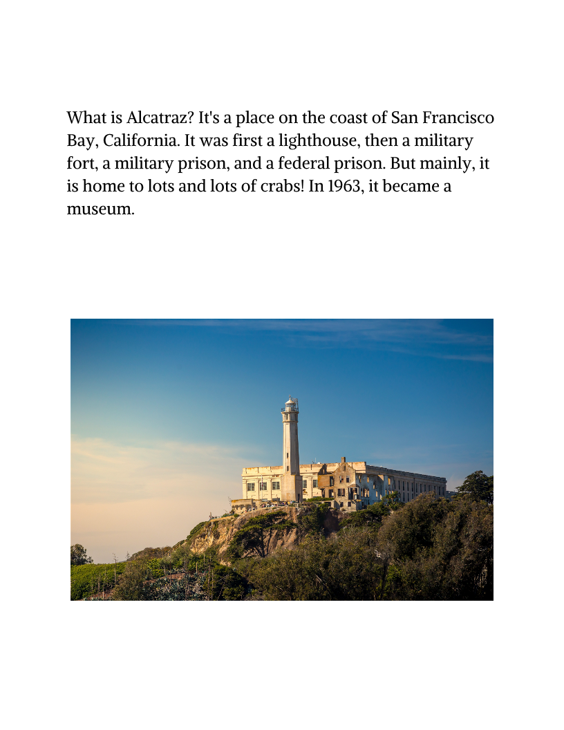 A historic building on Alcatraz Island stands against a backdrop of blue sky and greenery. Above, text recounts its rich history as a lighthouse, fortification, military prison, and federal prison—now serving as a museum. Dive deeper into the fascinating story of Alcatraz with an immersive virtual tour or explore captivating details with the "Alcatraz Travel Guide and Activity Kit for Kids" by Wondermom Shop.
