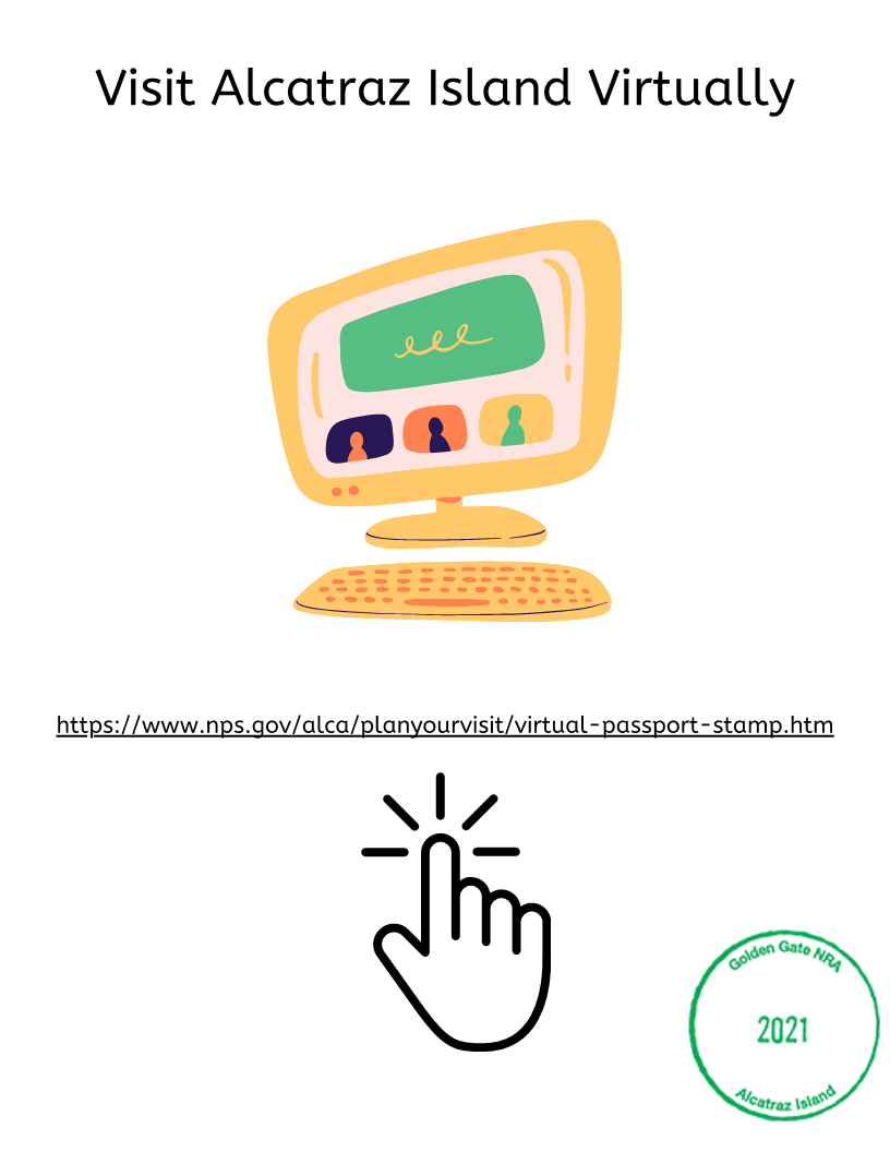 Illustration of a computer screen showing a virtual meeting with three people. Text at the top reads "Visit Alcatraz Island Virtually." Includes a clickable link, the Alcatraz Travel Guide and Activity Kit for Kids from Wondermom Shop, and a 2021 Golden Gate NRA Alcatraz Island stamp. Perfect for diving into Alcatraz Island history from home!