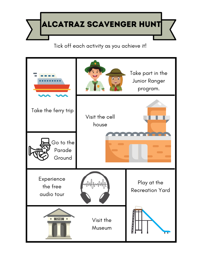 The Alcatraz Travel Guide and Activity Kit for Kids by Wondermom Shop includes a scavenger hunt worksheet featuring activities to check off, such as the ferry trip, Junior Ranger program, cell house visit, Parade Ground walk, free audio tour, museum visit, and recreation yard visit. Discover the historical significance of Alcatraz Island through engaging tasks.