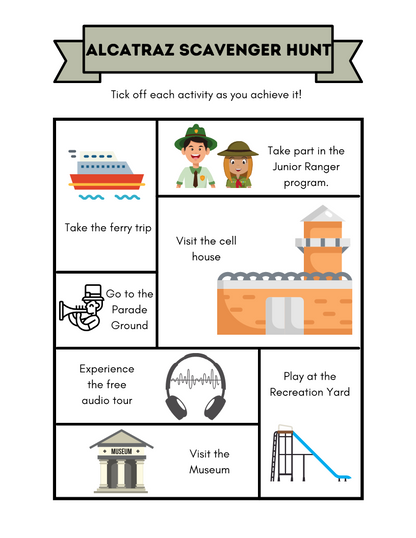 The Alcatraz Travel Guide and Activity Kit for Kids by Wondermom Shop includes a scavenger hunt worksheet featuring activities to check off, such as the ferry trip, Junior Ranger program, cell house visit, Parade Ground walk, free audio tour, museum visit, and recreation yard visit. Discover the historical significance of Alcatraz Island through engaging tasks.