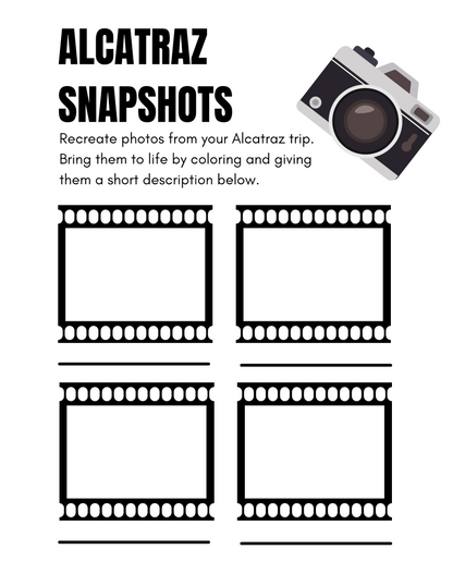 Page titled 'Alcatraz Snapshots' featuring blank photo frames for coloring and captions, designed to recreate photos from an Alcatraz Island trip. A camera icon is prominently displayed at the top right, enriching the experience of the Alcatraz Travel Guide and Activity Kit for Kids from Wondermom Shop, which highlights its historical significance.