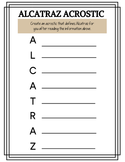A worksheet titled "Alcatraz Acrostic" features the letters A, L, C, A, T, R, A, and Z listed vertically with corresponding blank lines for acrostic creation. As part of the Alcatraz Travel Guide and Activity Kit for Kids by Wondermom Shop, this exercise showcases the historical significance of Alcatraz Island.